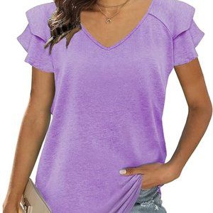 Womens Summer Tops Ruffle Short Sleeve Tunic Tops V Neck Loose Fit Flowy T-Shirt